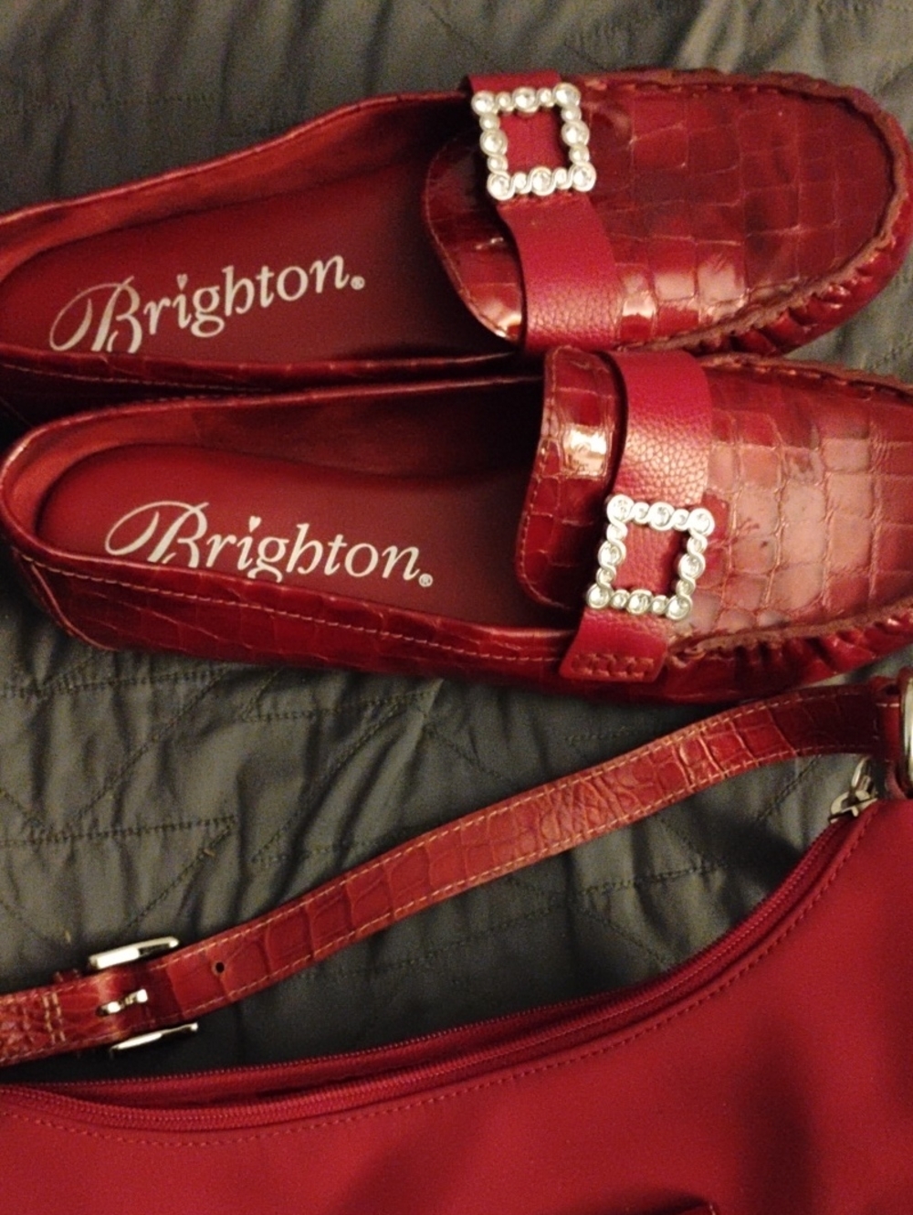 Brighton Red Croc-Embossed Loafers with Crystal Square Buckles